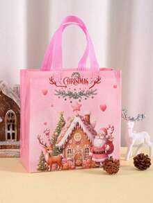 4/8pcs Pink Christmas Tote Bags With Handles, Santa Claus Elk Bell Pattern Reusable Gift Bags, Grocery Shopping Bag, Non-Woven Bags, Party Favors Bags, Festive Christmas Decorations For Home 2025 Xmas Gifts Christmas New Year 2026 Packaging Bags
