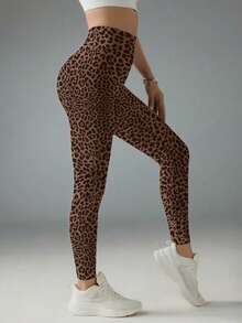 Plus Women's Leopard Print Hip Lifting Tight Yoga Exercise Pants - Brown - View 3