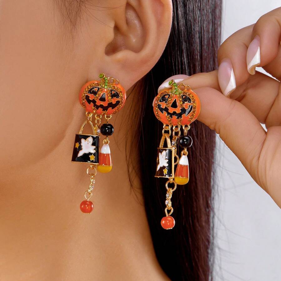 Halloween Pumpkin Pendant Earrings, Gothic Style Tassel Earrings For Women