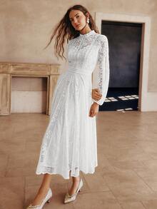 Simplee Đầm ren màu trơn mới dành cho nữ, dáng xòe, tay dài, thanh lịch, thích hợp làm đầm dạ hội, đầm dự tiệc, đầm sinh nhật, đầm dự đám cưới, đầm tốt nghiệp, màu trắng xuân/hè. - trắng - Xem 4