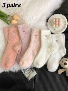 5双装女士舒适蝴蝶结毛绒袜，柔软蓬松保暖中筒袜，适合冬季穿着，休闲圣诞礼物 - 彩色 - 查看 3