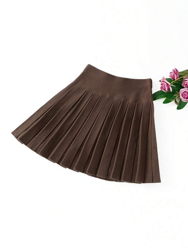 GIGOGOU Women's Solid Color Elastic Waist Pleated Knit A-Line Skirt, Collegiate Style, Autumn/Winter