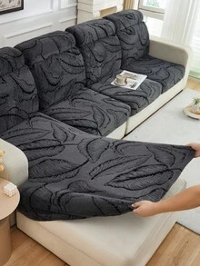 1pc Soft Plush Fabric Pet Proof Sofa Seat Cover, Floral Embossed Design, Deep Gray Large Leaf Pattern, Multi-Color, Thick Embossed Plush Sofa Cushion Cover Suitable For Autumn/Winter, Fits Sofa Backs And 1/2/3/4/L Chaise Lounge