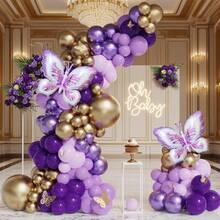 122 balões de látex roxo e dourado, balões metalizados de borboleta e decorações de borboleta, adequados para aniversário, casamento, chá de panela, formatura, aniversário, batizado, verão, festa temática, cenário, decoração de casa, dia dos namorados