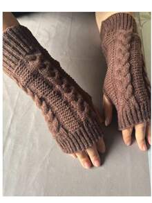1 Pair Women's Fingerless Knitted Knitted Gloves, Warm & Versatile For Students, Casual Daily Wear, Autumn/Winter - Coffee Brown - View 3