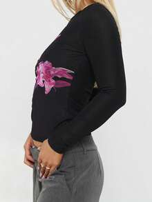 Women's Spring Fall Floral Tops Long Sleeve Round Neck Slim Fit Blouse For Party - Negro - Ver 7