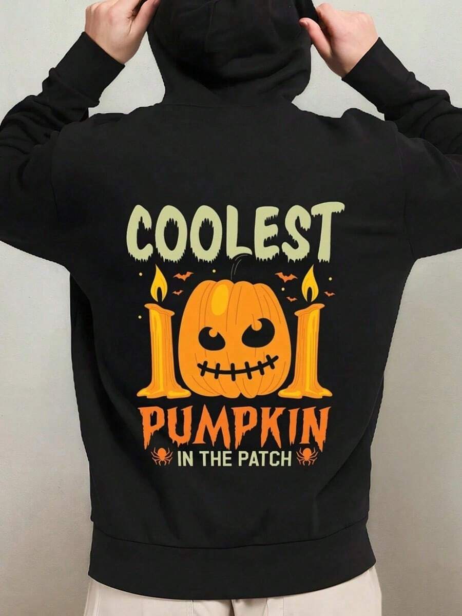 1pc Men'S & Women'S Halloween Hooded Sweatshirt - Spooky Pumpkin & Bat Print With Coolest Pumpkin In The Patch Text - Black & Orange Casual Streetwear Pullover, Long Sleeve Regular Fit Hoodie For ,Fall Hoodies,Men's Fall Clothes,Street Wear,Halloween,Mens Hoodies,Y2k Clothes,Jesus Hoodie,Thanksgiving Day,Nightmare Before Christmas,Christmas - 黑色 - 查看 1