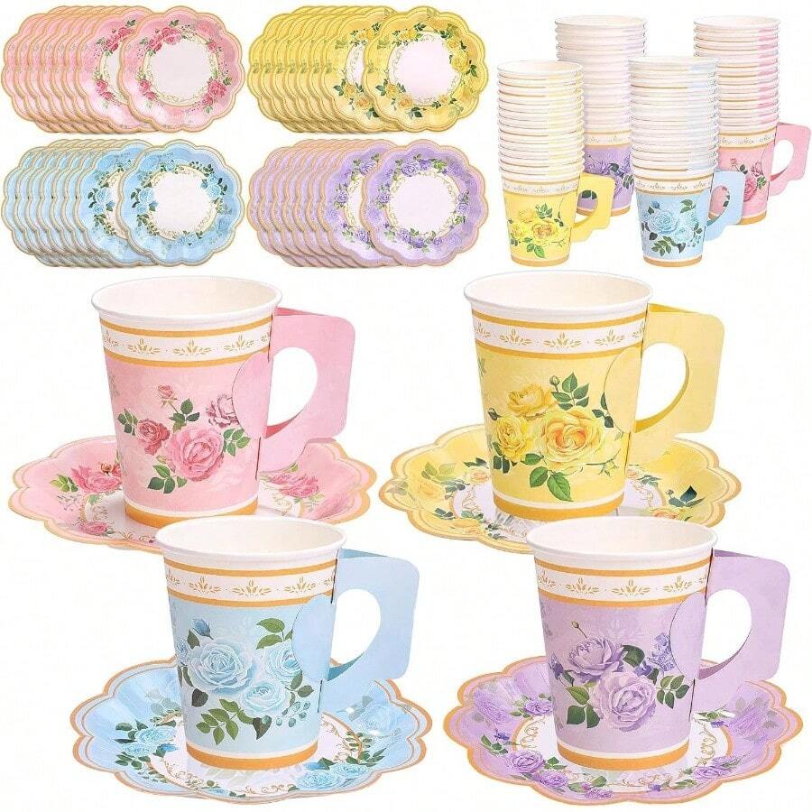 120 Pcs Floral Paper Tea Cups And Saucers 9 Oz Disposable Teacups Bulk With Handle 4 Styles Flower Tea Party Decorations Birthday Wedding Garden Party Shower Serve 60 Guests - 標準 - 查看 1