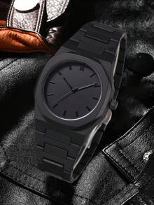 1Pc Men's Black Strap Fashionable Casual College Style Bar Scale Dial Quartz Watch Suitable For Daily Wear Or Holiday Gifts - Black - View 3