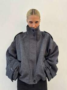 2025 Autumn And Winter Stand-Up Collar Breasted Short Zip-Up Tweed Jacket - 灰色 - 查看 1