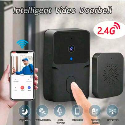 无线门铃，无线可视门铃摄像头智能门铃，WIFI门铃，可视对讲门铃，双向语音，QHD夜视，USB可充电低功耗，支持2.4G WiFi，电池供电（内置电池）