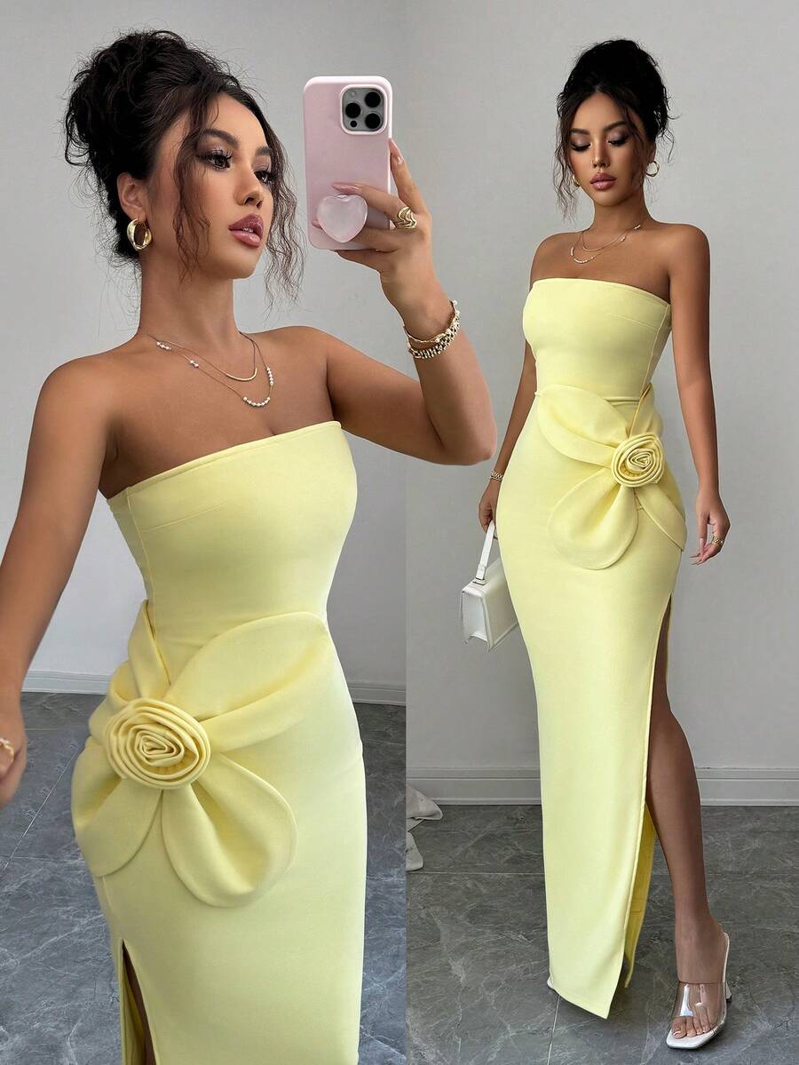 Đầm maxi ôm sát không dây vai lãng mạn dành cho nữ, được tô điểm bằng họa tiết hoa tinh tế | Hoàn hảo cho đám cưới, tiệc cocktail và kỳ nghỉ biển mùa xuân - Màu vàng - Xem 1