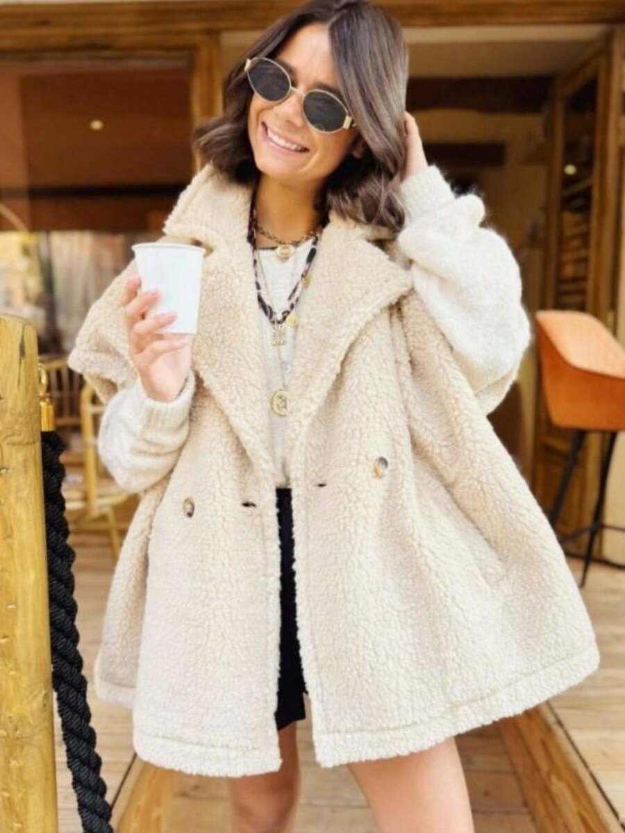 大码女式优雅休闲泰迪羊毛背心夹克,适合日常办公室穿着,秋冬季 - 米色 - 查看 1