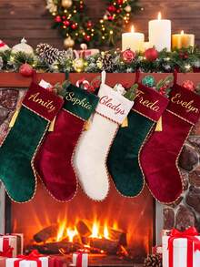 Personalized Christmas Large Capacity Gift Socks, Heat Transfer Printed Letter, Patchwork Dual-Color Name Tassel Socks, Velvet Letter Christmas Tree Hanging Decor, Home Decor, Christmas Stocking Ornament, Christmas Decoration Gift Socks - Multicolor - View 3