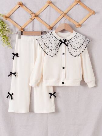 Girls Elegant White Set, Knitted Cardigan With Mesh Polka Dot Oversized Collar Design, Paired With Black Bow Accent, Matching Wide-Leg Pants With Small Black Bow, Minimalist Yet Sweet, Suitable For Family Gatherings Or Art Classes, Autumn/Winter