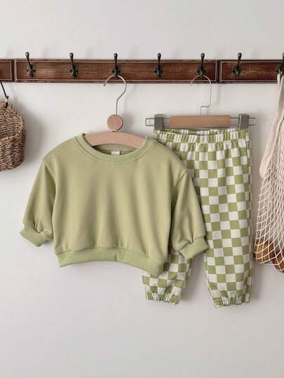 2pcs/Set Baby Boy Casual Solid Color Crew Neck Long Sleeve Sweatshirt And Checkerboard Long Pants, Spring/Autumn