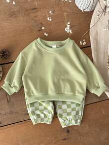 2pcs/Set Baby Boy Casual Solid Color Crew Neck Long Sleeve Sweatshirt And Checkerboard Long Pants, Spring/Autumn - Green - View 3