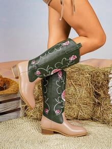 2025 Autumn/Winter New Retro High Heel Tall Boots For Women, Fashion Square Toe PU Leather Embroidered Thick Heel Riding Boots - Apricot - View 2