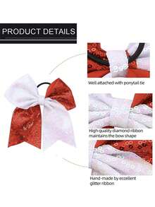 2件套女孩大亮片啦啦队发饰蝴蝶结，闪亮蝴蝶结马尾发圈，弹力带，适合啦啦队、青少年、大学运动（红色、白色等） - 彩色 - 查看 9