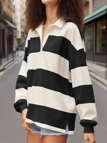Y2k Women Striped Rugby Polo Shirt Long Sleeve Collared Oversized Vneck Sweatshirt Vintage Jersey Girls Streetwear - 黑與白 - 查看 2