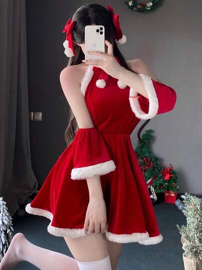 4件套圣诞性感圣诞老人服装套装，方领喇叭A字迷你连衣裙，带人造毛皮饰边