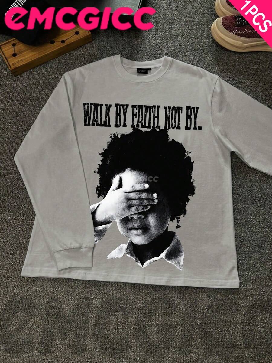 EMCGICC Manfinity Y2k Thin Long Sleeved T-Shirt For Men,Graphic T Shirt Cotton 220g,Fashionable Hip-Hop For Men -  Long Sleeve T-Shirts, Funny Vintage Shirts,Regular Fit, Street Style, Digital Print,  Ideal Gift - 淺灰色 - 查看 1