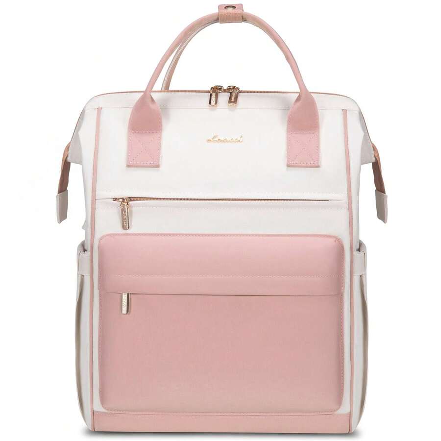 LOVEVOOK Laptop Backpack For Women,15.6 Inch Work Teacher Nurse Bag,Business Computer Backpack Purse With,Stylish Casual Daypack For Travel - Màu be + hồng - Xem 1