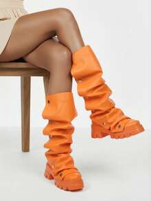 Y2K Black Shoes Women's Black Mid Calf Boots Slouchy Fold Over Boots Stacked Heel Pleated Ruched Pull On  Platform Shoes Motorcycle Nightclub Cosplay Winter Autumn Fall Shoes - 橘色 - 查看 6