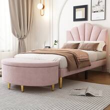 Velvet, Upholstered Bed, 90 X 200 Cm, Shell-Shaped Bed With Golden Iron Legs, Height-Adjustable Headboard, Wooden Slatted Frame, With Upholstered Bench, Bench With Storage Space, Pink