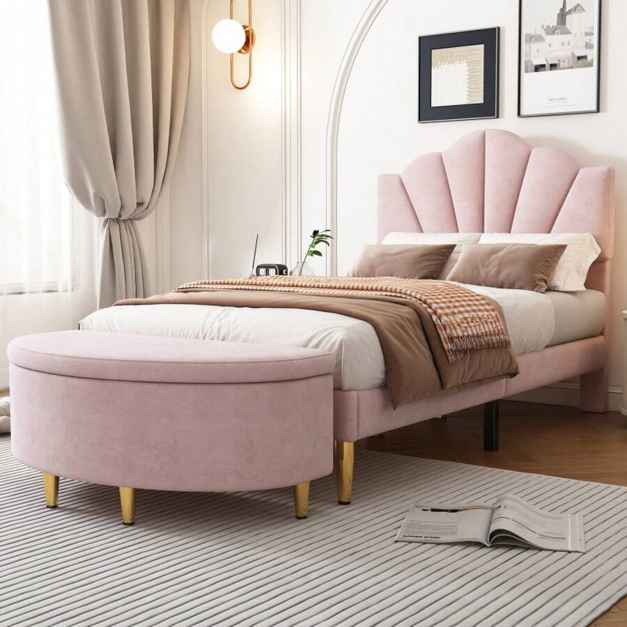 Velvet, Upholstered Bed, 90 X 200 Cm, Shell-Shaped Bed With Golden Iron Legs, Height-Adjustable Headboard, Wooden Slatted Frame, With Upholstered Bench, Bench With Storage Space, Pink