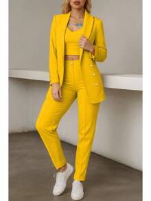 Conjunto elegante de blazer y pantalón de manga larga con cuello chal y doble botonadura para mujer, tejido elástico medio. - Amarillo - Ver 2