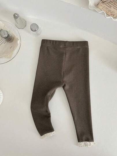 Newborn Baby Girls Solid Color Lace Trim Elastic Leggings, Spring/Autumn