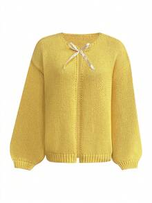 2025秋冬新款休闲时尚复古蝴蝶结开衫针织毛衣女式休闲时尚复古外出蝙蝠袖基础款上衣秋季圣诞新年女式冬季外套 - 黃色 - 查看 2
