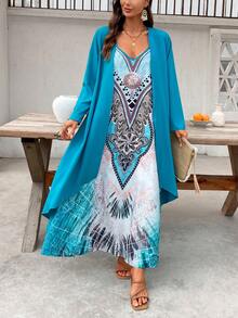 2pcs Set:  Floral Print V-Neck Spaghetti Strap Dress And Long Cover Up For Women