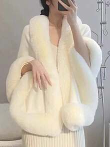 一件毛绒领斗篷披肩，优雅复古针织开衫外套，适合婚礼、派对、节日、正式场合、秋冬季穿着。 - 彩色 - 查看 3