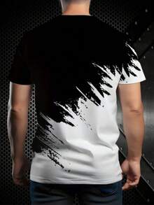 Men'S 3D Print Black And White Color-Blocked Graphic T-Shirt, Casual Short-Sleeve Summer Outdoor Wear (Middle East)