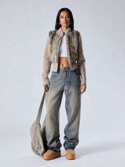 纯色仿毛口袋拉链针织翻领开衫