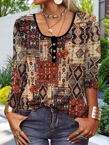 几何印花半扣T恤，休闲春季款 - 棕色 - 查看 3