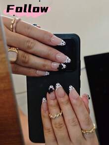 10 móng tay giả thủ công hình hạnh nhân, kiểu ngắn, chấm bi hồng đen, kiểu móng Pháp, trang trí nơ 3D dễ thương, phù hợp cho phụ nữ và bé gái khi đi nghỉ mát hoặc sử dụng hàng ngày. - Nhiều màu - Xem 3