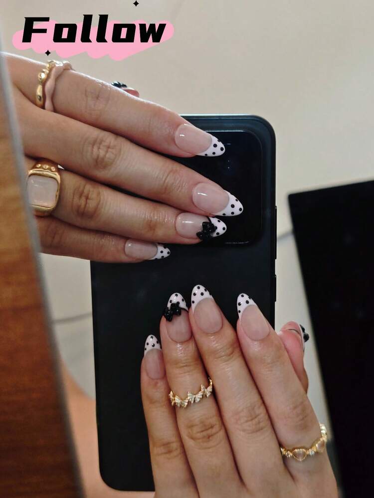 10 móng tay giả thủ công hình hạnh nhân, kiểu ngắn, chấm bi hồng đen, kiểu móng Pháp, trang trí nơ 3D dễ thương, phù hợp cho phụ nữ và bé gái khi đi nghỉ mát hoặc sử dụng hàng ngày. - Nhiều màu - Xem 2