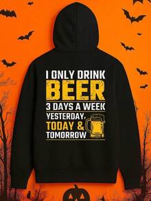 1 Pack Men'S Funny Beer-Themed Graphic Hooded Sweatshirt - I Only Drink Beer 3 Days A Week Slogan, Black With Yellow Print, All-Season Casual Pullover, Regular Fit Long Sleeve Sportswear For Gym, ,Fall Hoodies,Men's Fall Clothes,Street Wear,Halloween,Mens Hoodies,Y2k Clothes,Jesus Hoodie,Thanksgiving Day,Nightmare Before Christmas,Christmas - 黑色 - 查看 1