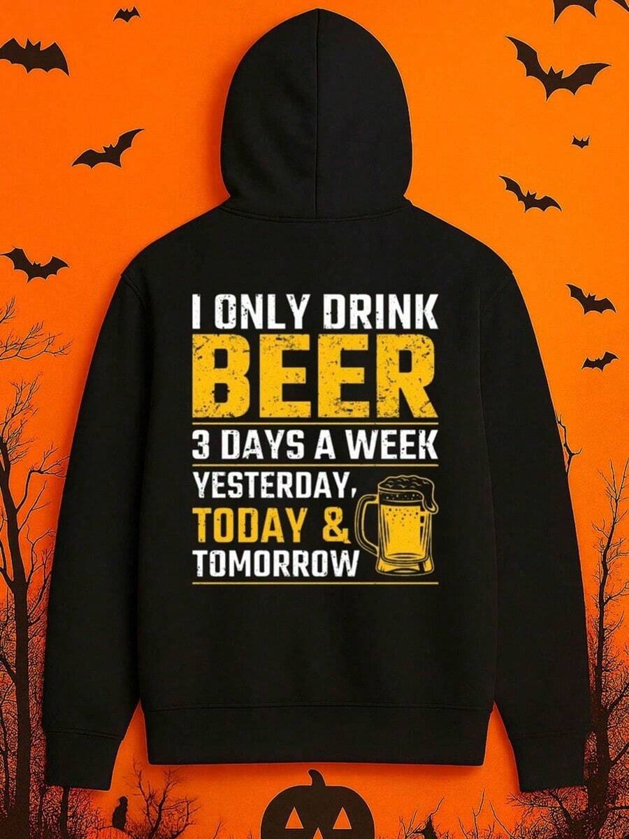 1 Pack Men'S Funny Beer-Themed Graphic Hooded Sweatshirt - I Only Drink Beer 3 Days A Week Slogan, Black With Yellow Print, All-Season Casual Pullover, Regular Fit Long Sleeve Sportswear For Gym, ,Fall Hoodies,Men's Fall Clothes,Street Wear,Halloween,Mens Hoodies,Y2k Clothes,Jesus Hoodie,Thanksgiving Day,Nightmare Before Christmas,Christmas - 黑色 - 查看 1