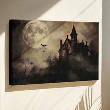 1pc Gothic Wall Art, Spooky Wooden Framed Wall Art, Wrapped Canvas Vintage Prints Poster, Haunted House, Full Moon, Bats Flying - Vintage, Black And White, Vintage Horror, Eerie Atmosphere Style, Home Living Room Bedroom Ofice Wall Decor, Birthday Party Decor, Hanging Hardware Included - Wrapped Framed Canvas, Horizontal - Khung vải - Xem 3