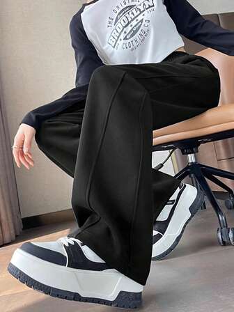女款黑色简约Y2K街头风格宽松休闲日常通勤时尚韩版学生直筒抽绳腰阔腿裤