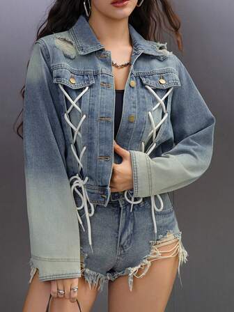 Vintage Washed Short Denim Jacket For Women, Drawstring Tie Design, Non-Stretch, Retro