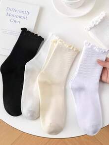 6 Pairs Women's Solid Color Casual Polyester Ruffle Trim Mid-Calf Socks, Suitable For All Seasons