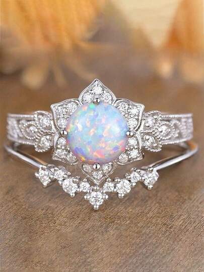 1/2 pezzi Anello in opale naturale, anello di coppia di design raffinato e alla moda, anello da donna a forma di fiore in argento, gioielleria di moda Torina per signore, anello elegante di moda con zirconi bicolore stile europeo e americano, anello terapeutico ai cristalli di quarzo per drenaggio linfatico magnetico