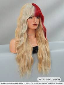 7JHH WIGS Long Wave Blonde & Red Highlight Wigs For Women - Loose Fluffy Wavy Curly Wig With Bangs, Full Machine High Density Synthetic Heat Resistant Fiber Hair, Exaggerated Style Anime Halloween Costume Wigs For Cosplay Wear, Masquerade Ball & Music Festival Carnival Party Use 26 Inch - 挑染紅色 - 查看 4