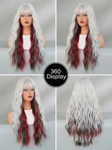 7JHH WIGS Long Wave Gray Highlight Christmas Wigs For Women - Loose Fluffy Wavy Curly Wig With Bangs, Full Machine High Density Synthetic Heat Resistant Fiber Hair, Mix Red & Green Colored Costume Wigs For Cosplay Masquerade Ball & Music Festival Carnival Party Use 26 Inch - 灰色 - 查看 6