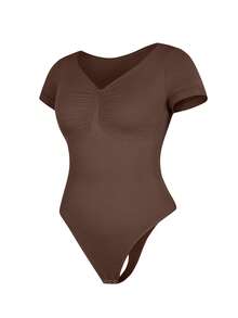 FeelinGirl Summer Women Short Sleeve Bodysuit V Neck Tummy Control Shapewear Seamless Thong Body Suits Tops - màu nâu - Xem 9